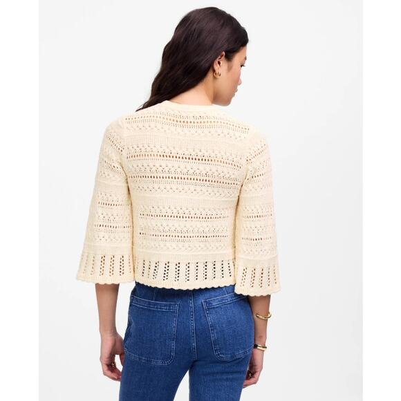 Madewell Scalloped-Trim Sweater Tee Sz XS Sand Crewneck Crop Open Knit Pullover - Picture 3 of 9